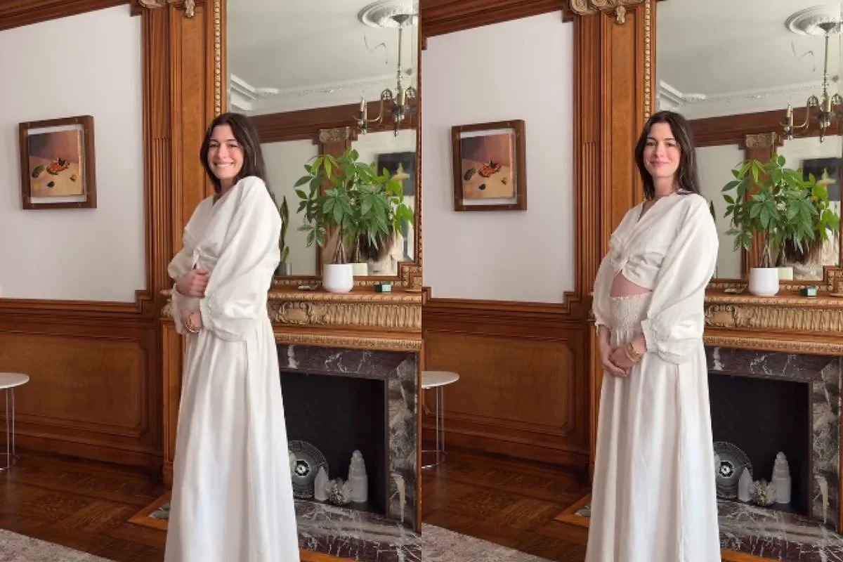 Anne Hathaway anuncia gravidez e mostra barrigão. Veja vídeo